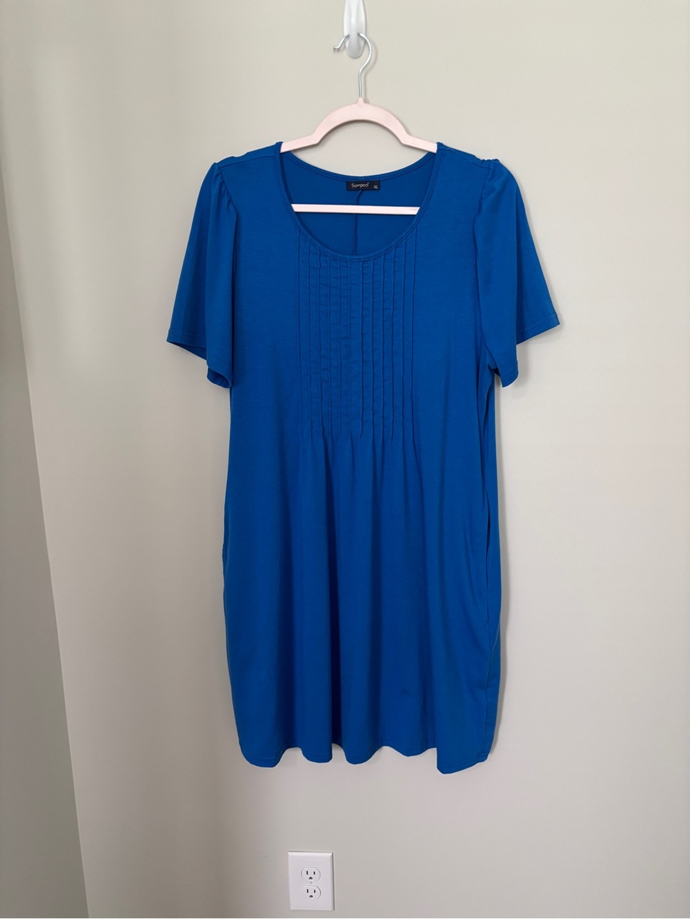 Sampeel Royal Blue Short Sleeve Pintuck Tunic Dress Size XL - with pockets!